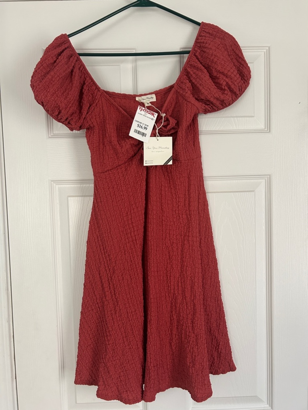 Textured Puff Sleeve Red Dress